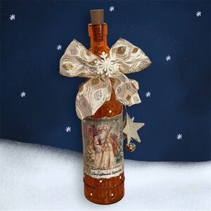OOAK Hand-decorated Amber Santa Lighted Wine Bottle Holiday Decor